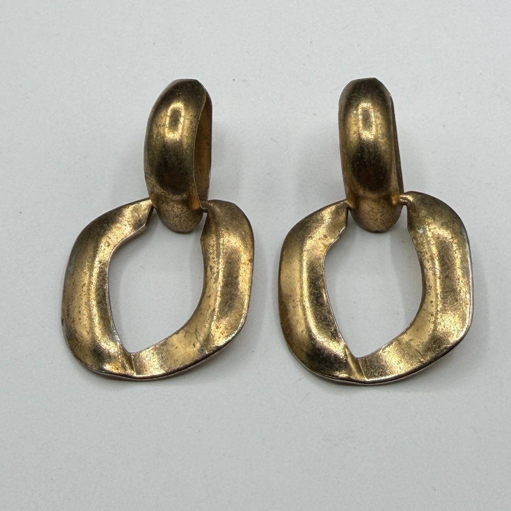 Gold Tone Geometric Door Knocker Dangle Earrings Chunky Statement Pierced Pair